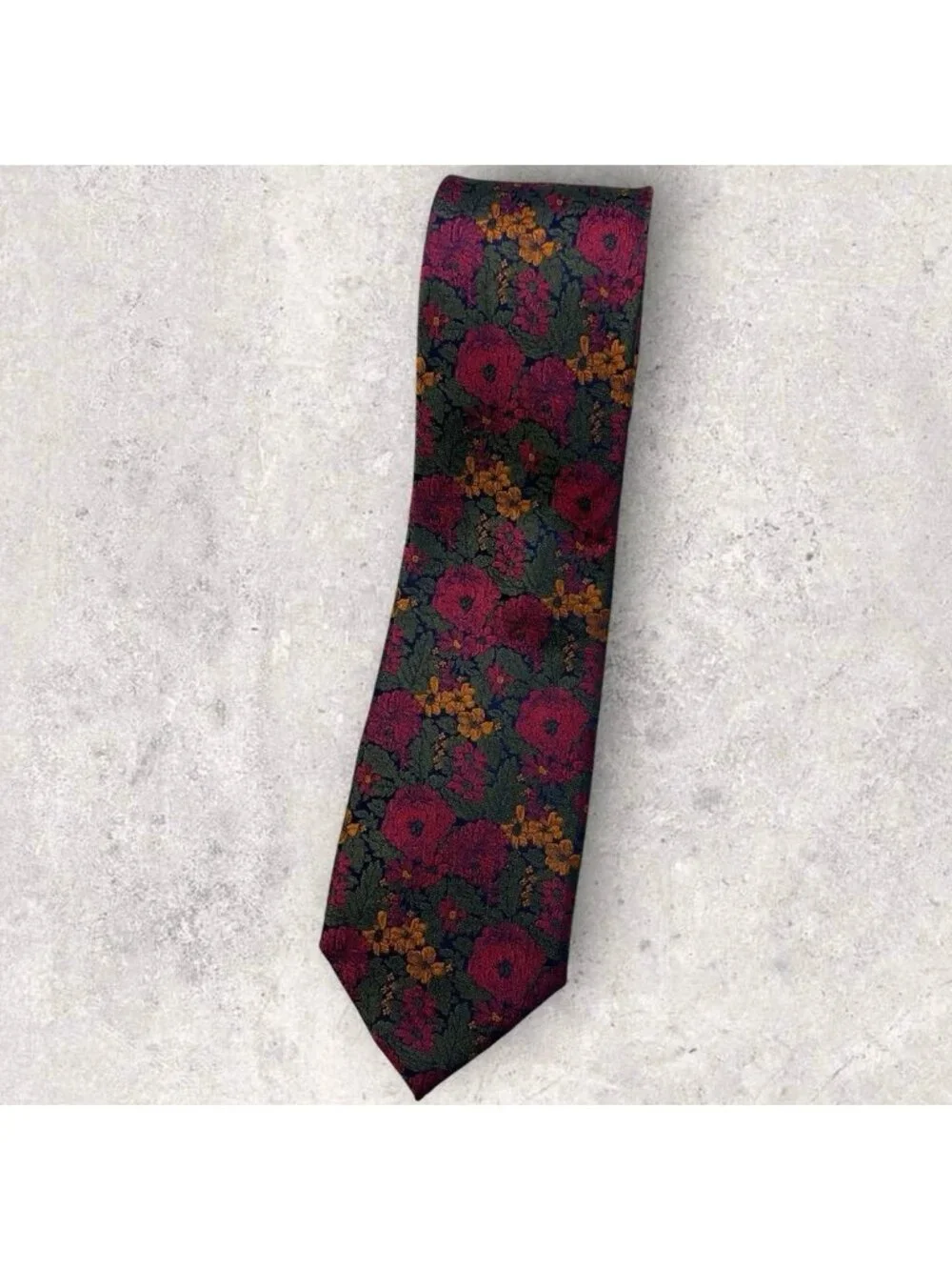 NEW PAUL FREDRICK Silk Tie XL Green Burgundy Orange Floral Leaf W:3.2